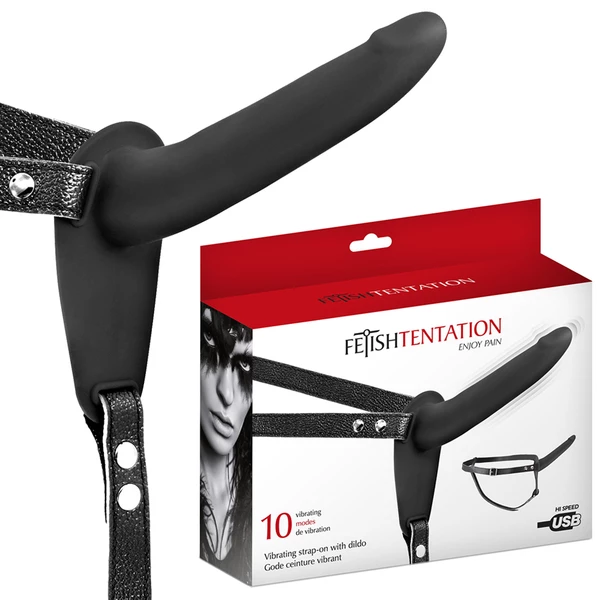 Fetish tentation Vibrating Strap-on Dildo Black USB - wibrujące dildo strap on