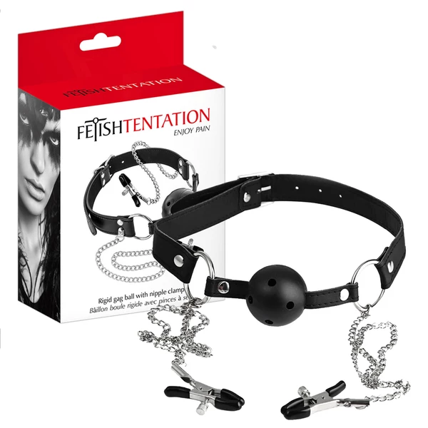 Fetish tentation Rigid Gag Ball With Nipple Clamps - Knebel z zaciskami na sutki