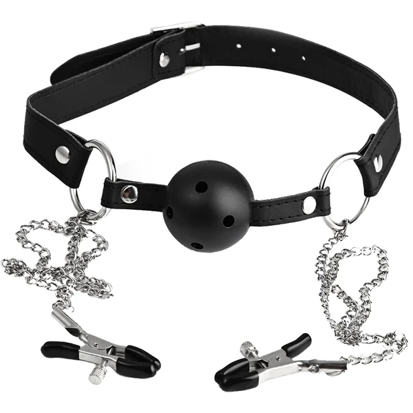 Fetish tentation Rigid Gag Ball With Nipple Clamps - Knebel z zaciskami na sutki
