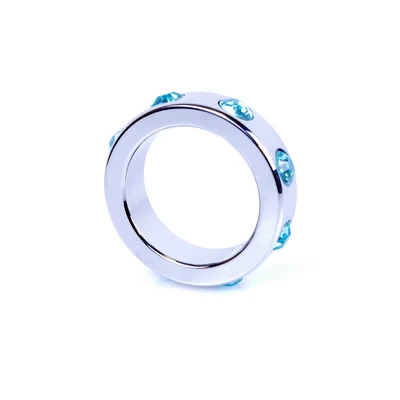 Boss Series Metal Cock Ring With Light Blue Diamonds Medium - metalowy pierścień erekcyjny, zdobiony