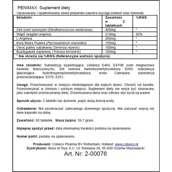 Cobeco Penimax (60 Pcs) Lavetra - Tabletki na powiększenie penisa