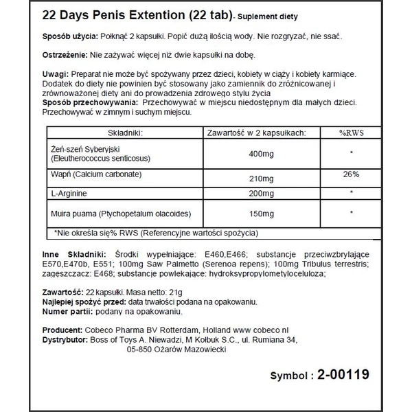 Cobeco 22 Days Penis Extention (22 Tab) - Tabletki stymulujące dla panów