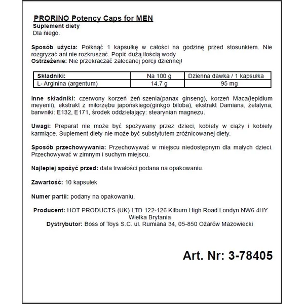 HOT Prorino Men Black Line Potency Caps - 10 szt - środek zwiększający libido