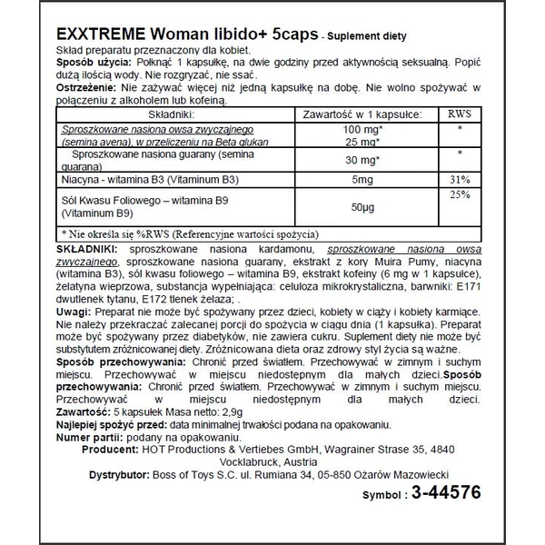 HOT Exxtreme Libido Caps Woman 5 szt - Kapsułki na libido