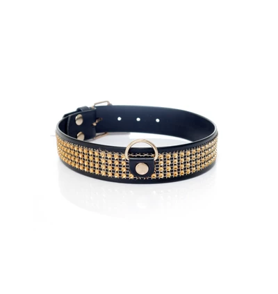 Fetish Fantasy Collar With Crystals 3 Cm Gold - Obroża na szyję złoto-czarna