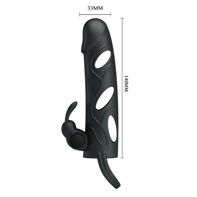 Pretty Love Penis Sleeve With Ball Strap Black  - vibrační návlek na penis