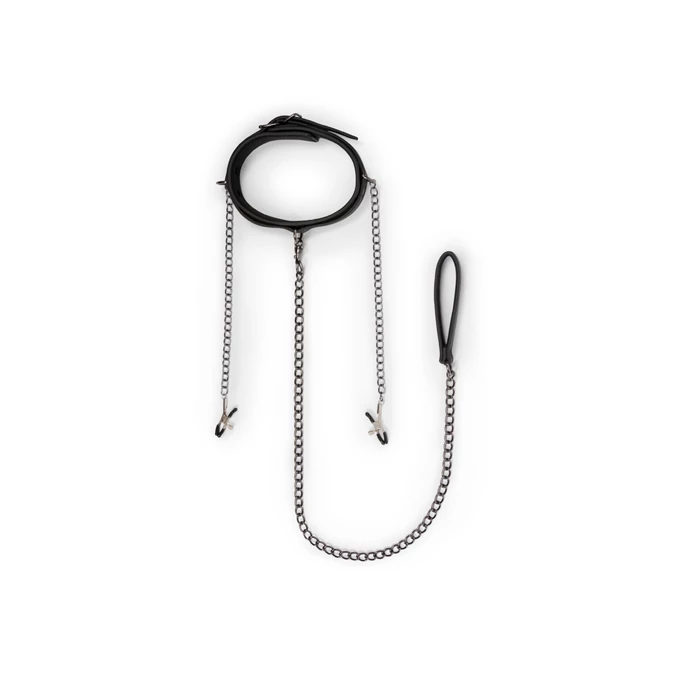 Easy Toys Leather Collar With Nipple Chains - Obroża z zaciskami na sutki