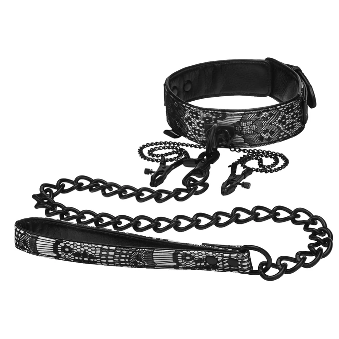 Steamy Shades collar with leash and nipple clamps - Smycz z obrożą i klipsami na sutki
