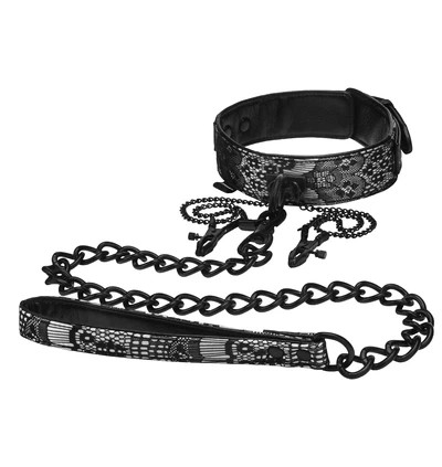 Steamy Shades collar with leash and nipple clamps - Smycz z obrożą i klipsami na sutki