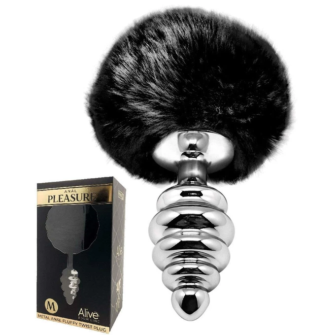 Alive Metal Anal Fluffly Twist Plug M Black - Korek analny z pomponem
