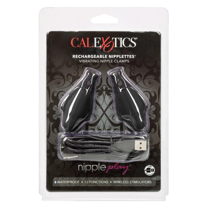 CalExotics Rechargeable Nipplettes Black - Wibrujące zaciski na sutki