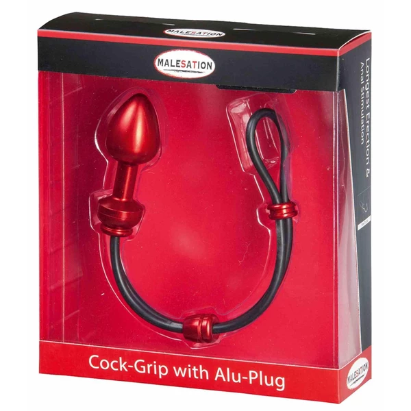 Malesation Cock Grip With Alu Plug Medium, Red - Lasso na penisa z korkiem analnym, Czerwony
