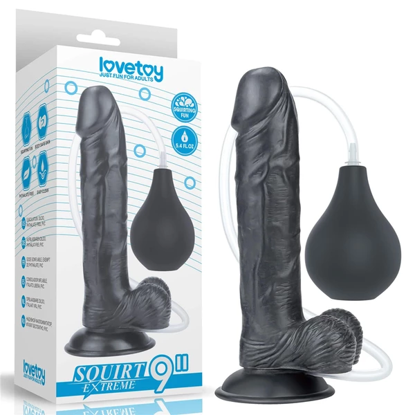 Lovetoy 9' Squirt Extreme Dildo Black - Dildo klasyczne na przyssawce z wytryskiem