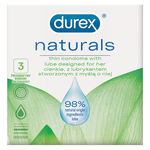 Durex Naturals - Tenké kondomy, obohacené lubrikantem, 3 ks