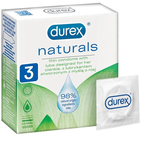 Durex Naturals - Tenké kondomy, obohacené lubrikantem, 3 ks