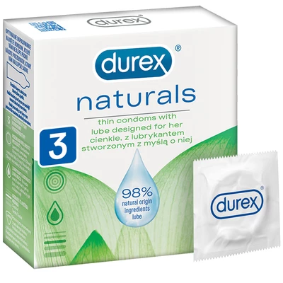 Durex Naturals - Prezerwatywy cienkie, wzbogacone lubrykantem, 3 szt.